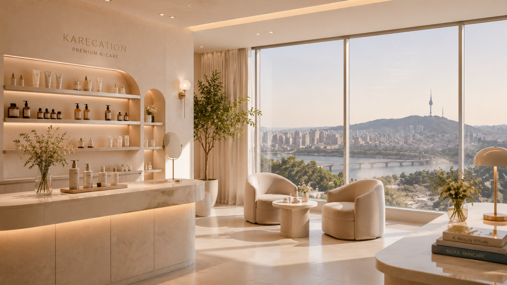 Luxury K-beauty concierge boutique with city view