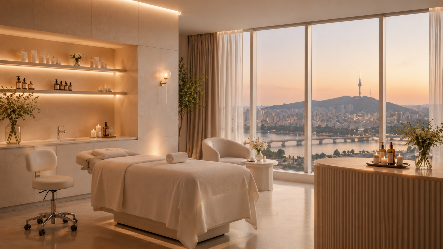 Serene Seoul spa room with sunset view