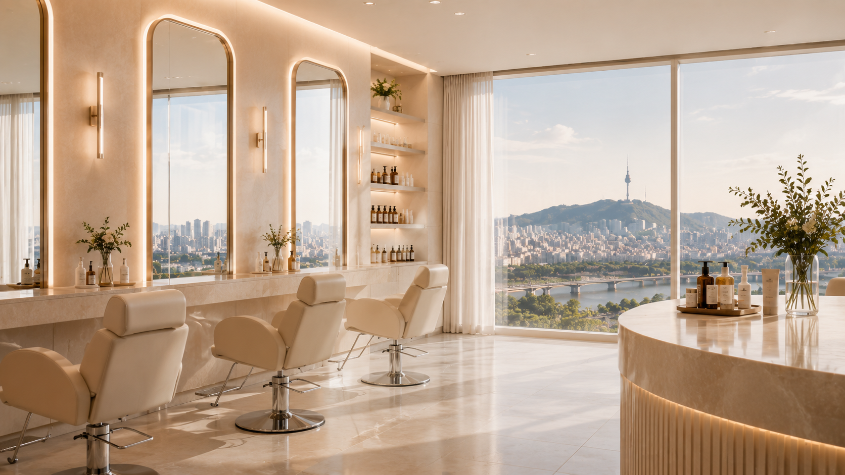 Elegant Seoul beauty salon with Han River view